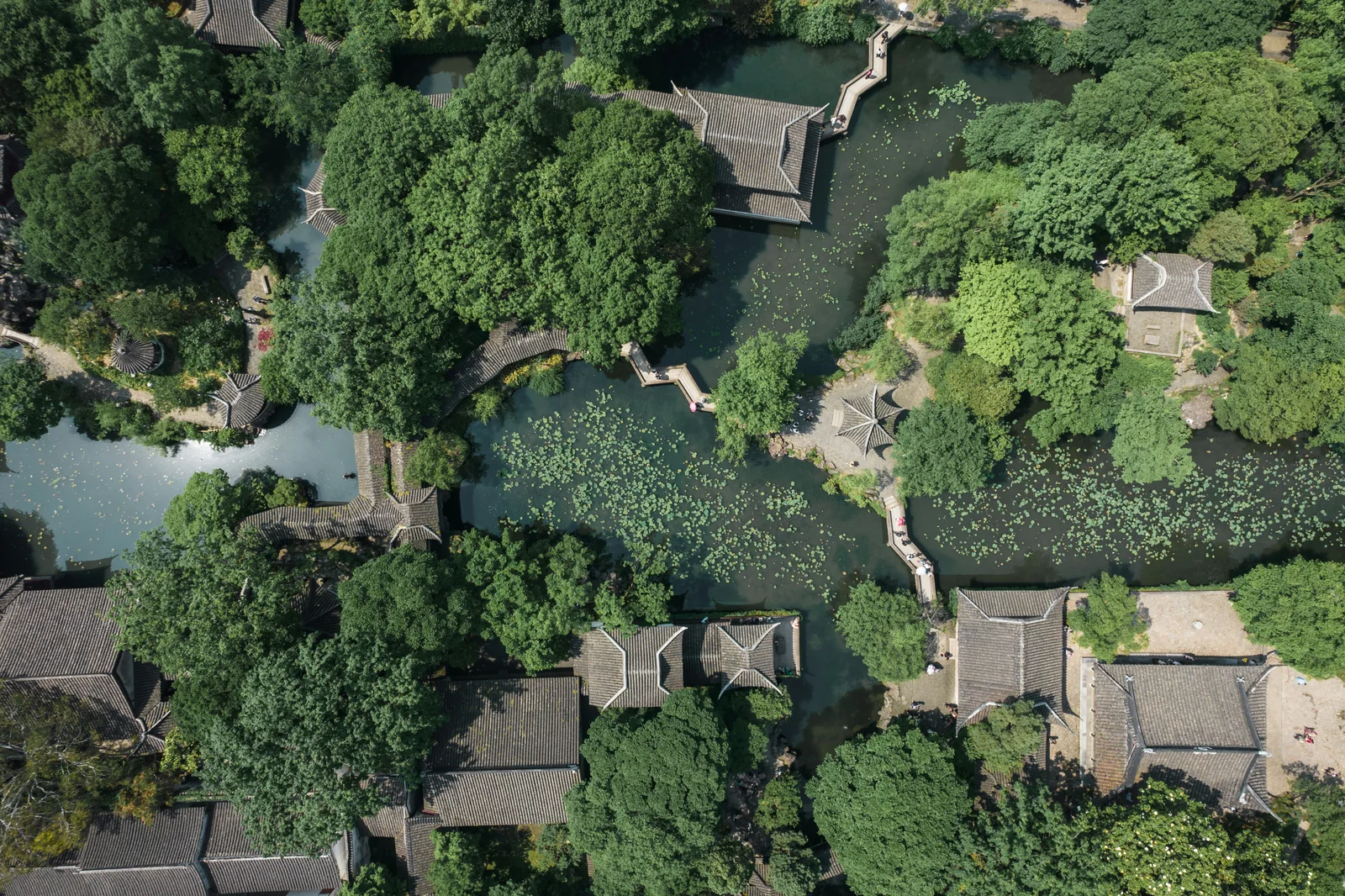 Garden pavilions, ponds and leafy paths seen from above in Suzhou.